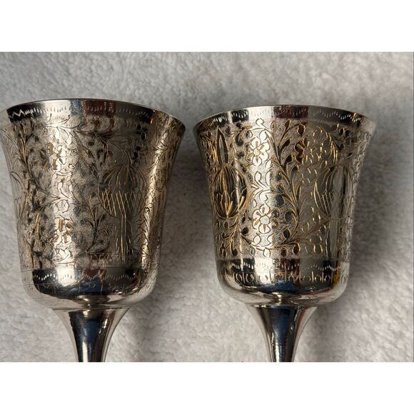 WORLD GIFT ZY INDIA Silver Plated Brass With Etched Design Set Of 2 Goblets - Picture 6 of 14